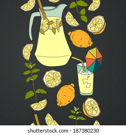 Seamless pattern with lemonade and it's ingredients. Doodle lemon, mint, jug, ice and glass on chalkboard background. Hand drawn vector illustration.