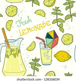 Seamless pattern with lemonade and it's ingredients. Lemon, mint, jug, ice and glass. Hand drawn vector illustration.