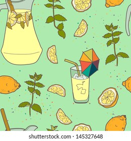 Seamless pattern with lemonade and it's ingredients. Lemon, mint, jug, ice and glass. Hand drawn vector illustration.