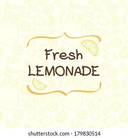 Seamless pattern with lemonade and it's ingredients. Lemon, mint, jug, ice and glass. Hand drawn vector card template with text box and place for the headliner.