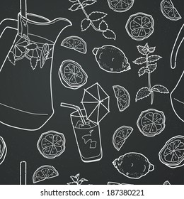 Seamless pattern with lemonade and it's ingredients. Lemon, mint, jug, ice and glass on chalkboard background. Hand drawn vector background.