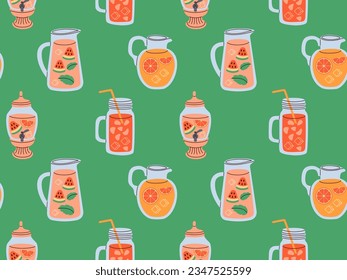 Seamless pattern of lemonade jugs with ice cube and fruits. Refreshing drink with mint leaves in pitcher with straw.