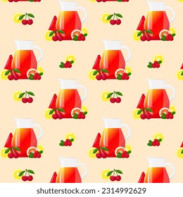 Seamless pattern Lemonade juice jugs with fruits. Refreshing drink. For design of fresh product, juice, canned food, menu for cafe, poster. Flat vector illustration design.