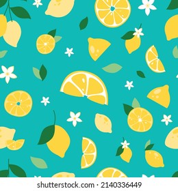 Seamless pattern with Lemonade juice, sliced lemons and leaves. Summer ornament with yellow fruits