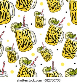 Seamless  pattern with lemonade juice. Summer tasty background for textile, print, stationary, bags, poster.