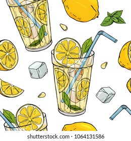 Seamless pattern with lemonade and lemons. Cocktail in a glass Cup with ice and mint, whole lemon, half, slice with seeds and ice cubes. Colorful vector illustration in sketch style.