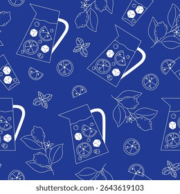 Seamless Pattern of Lemonade Lemons Mint Ice and Cold Drinks in Flat Style on Blue Background