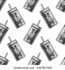 Seamless pattern with lemonade in mason jar in vintage engraved style. On white background.  