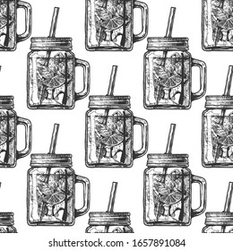 Seamless pattern with lemonade in mason jar in vintage engraved style. On white background.  