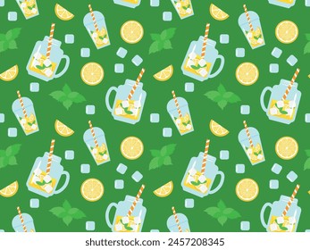 Seamless pattern with Lemonade on a green background. Vector illustration of refreshing drink, lemon for wrapping paper textile, background, wallpaper