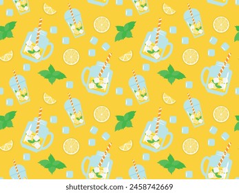 Seamless pattern with Lemonade on a yellow background. Vector illustration of refreshing drink, lemon for wrapping paper textile, background, wallpaper