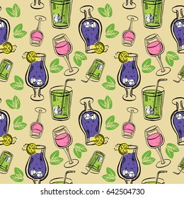 Seamless pattern with lemonade on yellow background. Abstract seamless pattern with lemonade. Creative funny repeated backdrop. background for fashion textile, wrapping paper. On hand-draw style