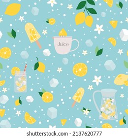 Seamless pattern with Lemonade, sketch of lemon, juice, sliced lemons and leaves. Summer ornament with healthy cooking drinks and fruits