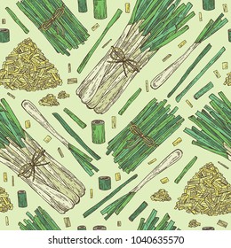 Seamless pattern with lemongrass: bunch, plant and dry lemongrass. Vector hand drawn illustration.