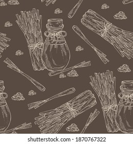 Seamless pattern with lemongrass plant and bottle of lemongrass essential oil. Cosmetic, perfumery and medical plant. Vector hand drawn illustration.