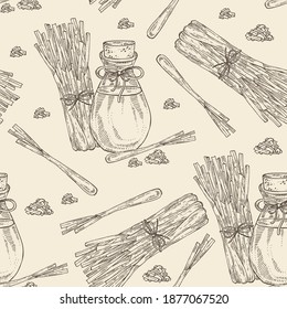 Nahtloses Muster mit Zitronengraspflanze und Flasche aus ätherischem Zitronenöl. Kosmetik, Parfüm und medizinische Anlagen. Vektorgrafik, handgezeichnet.