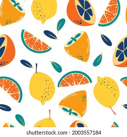 Seamless pattern with lemons. Abstract citrus background. Fresh slices and whole lemons backdrop. Summer pattern. Vector bright print for fabric or wallpaper.