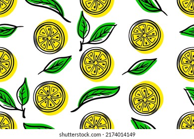 Seamless pattern lemons background. Citrus with green leaves. Cicle piece of exotic  fruits. Vector illustration. Wallpaper, wrapping paper, fabric textile. Kitchen food concept