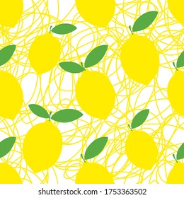 Seamless pattern with lemons. Background with lines and lemons. Illustration of lemon with leaves.