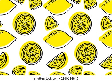 Seamless pattern lemons background. Ripe whole fruits, piece of fruits. Vector food illustration. Wallpaper, wrapping paper, fabric textile. Kitchen concept