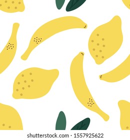 Seamless pattern of lemons and bananas. Yellow fruits, summer pattern. Hand drawn illustration.