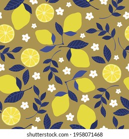 seamless pattern of lemons. beige background. ripe lemons, white flowers,blue leaves. vector texture. beautiful fashion print for textiles and wallpaper.