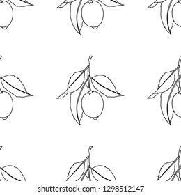 Seamless pattern with lemons. Black Line drawing isolated on white background. Fresh Fruits with leaves. Summer design. Vector illustration.
