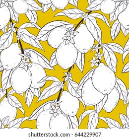 Seamless pattern with lemons. black and white plants on yellow background