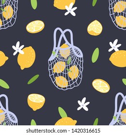 Seamless pattern with lemons, blossoms and mesh bag. Eco lifestyle.