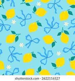 Seamless pattern with lemons and blue bows. Vector graphics.