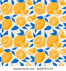 Seamless pattern with lemons and blue leaves. Cute background with citrus fruits. Modern trendy vector art design for print, fabric, wallpaper, wrapping paper.