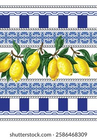 Seamless pattern with lemons and blue ornament. Vecto