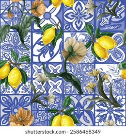 Seamless pattern with lemons and blue ornament. Vecto