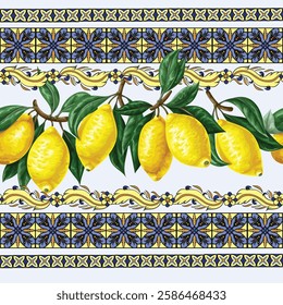 Seamless pattern with lemons and blue ornament. Vecto