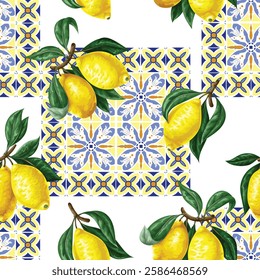 Seamless pattern with lemons and blue ornament. Vecto