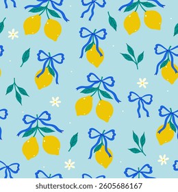 Seamless pattern with lemons and blue ribbons on a light blue background. Vector graphics.