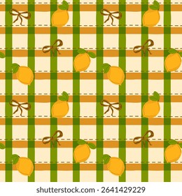 Seamless pattern with lemons, bows, and plaid stripes. Cute design for fabric, textile, kitchen decor, gift wrap, and packaging. Bright colors in a rustic style