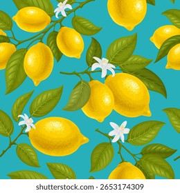 Padrão perfeito com limões. Ramos de limão com frutos maduros e folhas. Desenho do ramo de citrinos. Limões suculentos amarelos pendurados no galho. Ilustração vetorial
