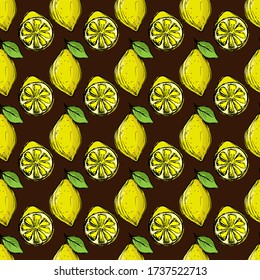 seamless pattern, lemons in bright colors, background with fruit in doodle style, ornament for wallpaper and fabrics, scrapbooking paper