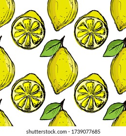 seamless pattern, lemons in bright colors, background with fruit in doodle style, ornament for wallpaper and fabrics, scrapbooking paper