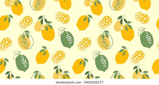 Seamless pattern with lemons. Citrus fruit with leaves and branches. Delicious abstract print for dough, kitchen, packaging. Vector graphics.