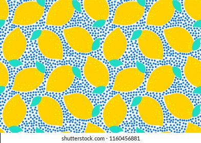 Seamless pattern with lemons. Citrus fruits on the dots background with juicy colors. Vector summer pattern with yellow lemons. Fruit repeated background perfect for fabric, wallpaper, kids goods