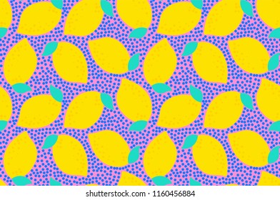 Seamless pattern with lemons. Citrus fruits on the dots background with juicy colors. Vector summer pattern with yellow lemons. Fruit repeated background perfect for fabric, wallpaper, kids goods