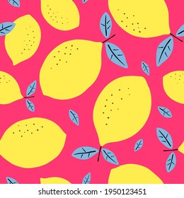 Seamless pattern with lemons. Citrus fruits modern texture yellow magenta purple background. Abstract vector graphic illustration.