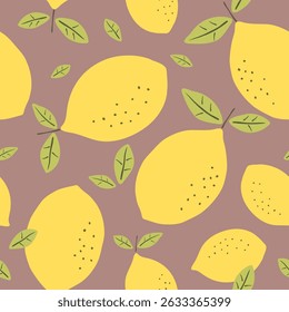Seamless pattern with lemons. Citrus fruits modern texture yellow brown background. Abstract vector graphic illustration.