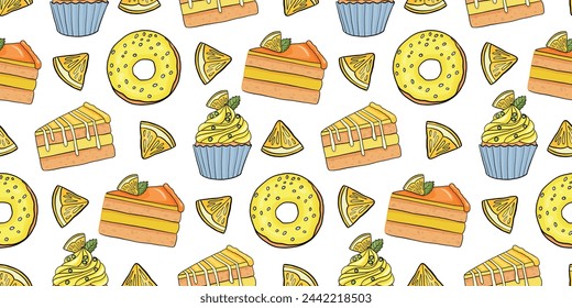 Seamless pattern with lemons desserts. Illustration pastry sweets on white background cupcake, cake, donut and lemon