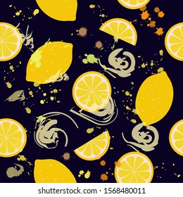 
Seamless pattern: lemons and doodles on a blue background. flat vector. illustration