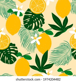 Seamless pattern with lemons, exotic palm leaves. Flat minimalist cut out paper style. Bright summer background. Collage contemporary fabric, wallpaper, cover, interior art print.