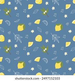 Patrón sin fisuras con limones, flores y hojas sobre fondo azul. Contorno blanco. Patrón de Vector con cítricos. Estilo plano.
