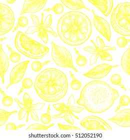 Seamless pattern with lemons, flowers and leaves on white background. Vector hand drawn monochrome pattern. Good for packing design, textile industry, wallpapers and backgrounds. 